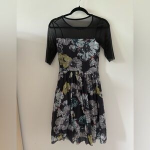 Floral Mesh Skater Style Weston Dress - Size Small - Gray Black Blue Green